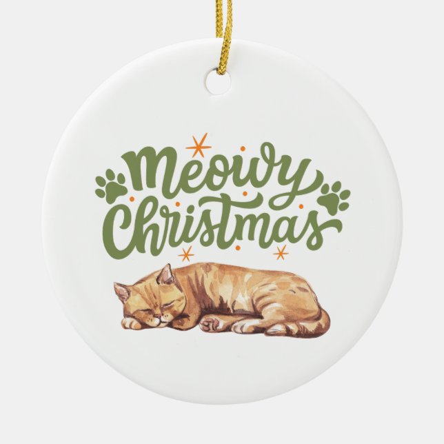 Meowy Christmas Cute Cat Sleeping  Ceramic Ornament (Front)