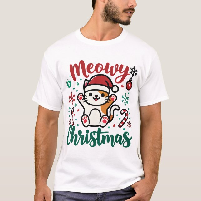 Meowy Christmas - Cute Festive Cat Holiday T-Shirt (Front)