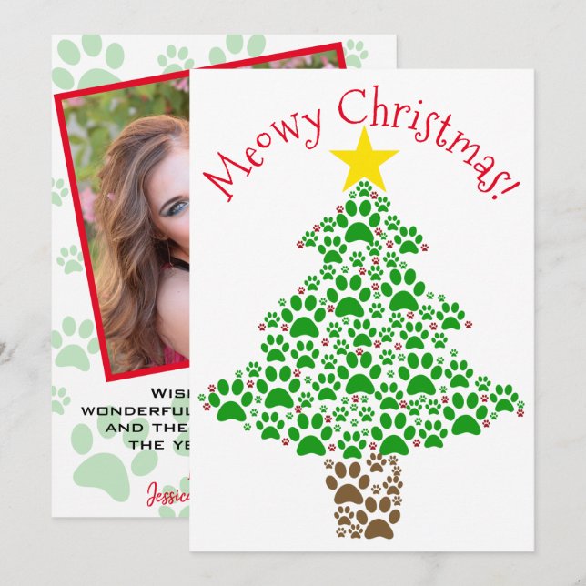 Meowy Christmas Cute Fun Paw Print Tree Photo Holiday Card (Front/Back)