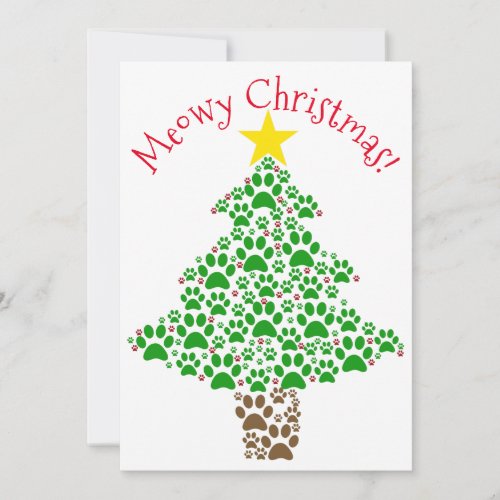 Meowy Christmas Cute Fun Paw Print Tree Photo Holiday Card