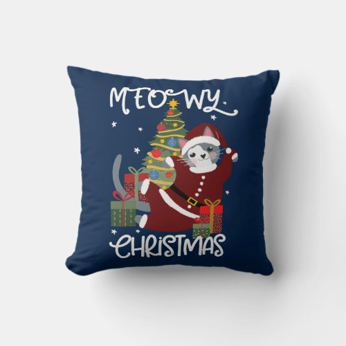 Meowy Christmas Cute Funny Cat Lover  Throw Pillow