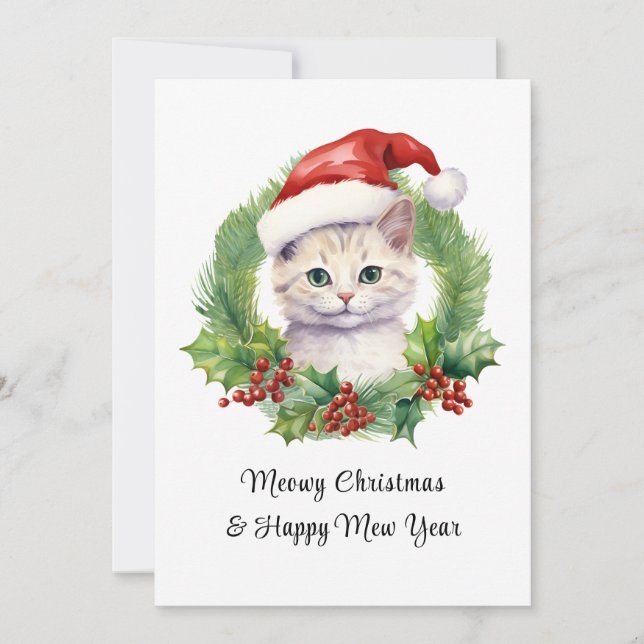 Meowy Christmas Cute Funny Cat On Santa Hat  Holiday Card (Front)