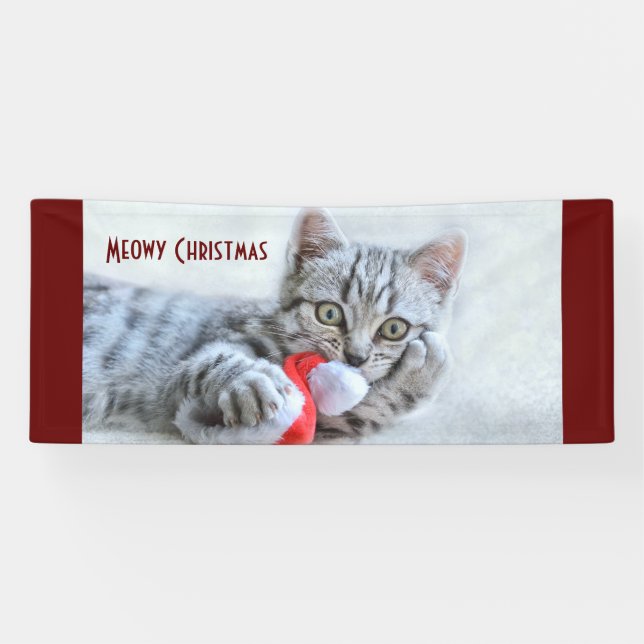 Meowy Christmas Cute Gray Tabby Cat Banner (Horizontal)