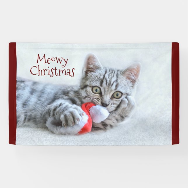 Meowy Christmas Cute Gray Tabby Cat Banner (Horizontal)