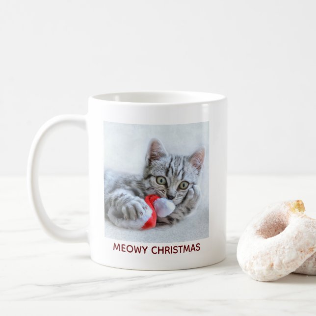 Meowy Christmas Cute Gray Tabby Cat Coffee Mug (With Donut)