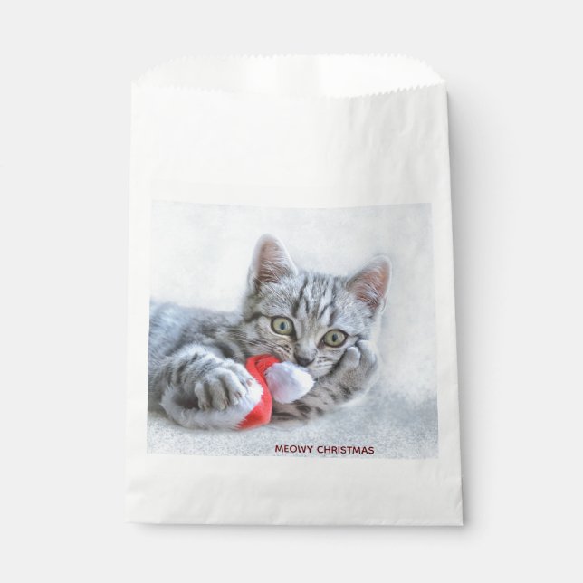 Meowy Christmas Cute Gray Tabby Cat Favor Bag (Front)