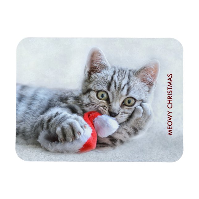 Meowy Christmas Cute Gray Tabby Cat Magnet (Horizontal)