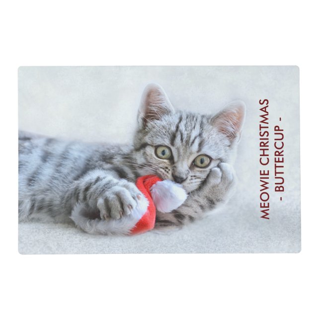 Meowy Christmas Cute Gray Tabby Cat Placemat (Front)