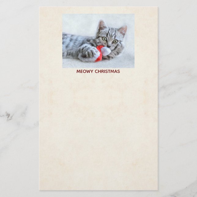 Meowy Christmas Cute Gray Tabby Cat Stationery (Front)