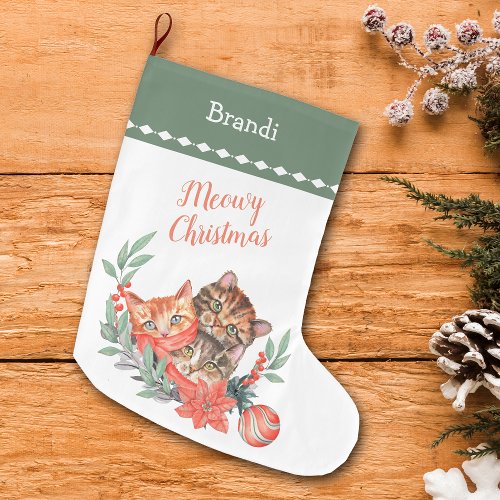 Meowy Christmas Cute Kitten Wreath Large Christmas Stocking