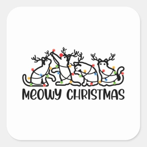 Meowy Christmas Cute Reindeer Cats Xmas Lights Square Sticker