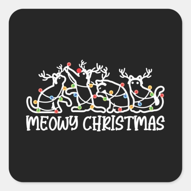 Meowy Christmas, Cute Reindeer Cats Xmas Lights Square Sticker (Front)