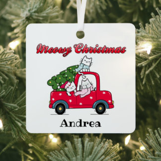 Meowy Christmas Cute Truck Cats Name Metal Orament Metal Ornament