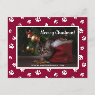 Meowy Christmas! Cute White Paw Prints Cat Photo Holiday Postcard