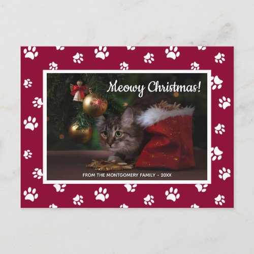 Meowy Christmas Cute White Paw Prints Cat Photo Holiday Postcard