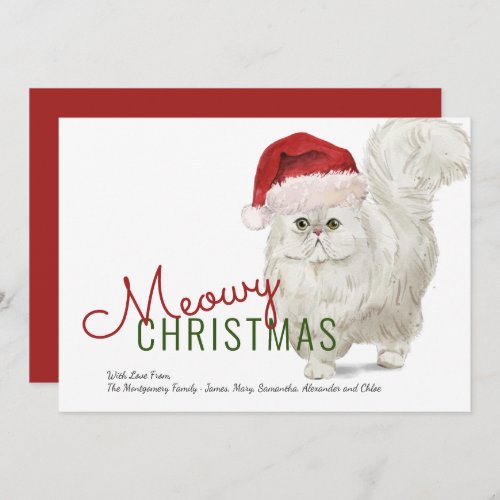 Meowy Christmas Cute White Persian Cat Watercolor Holiday Card