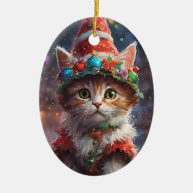 Meowy Christmas Elf Kitten Ornament (Front)