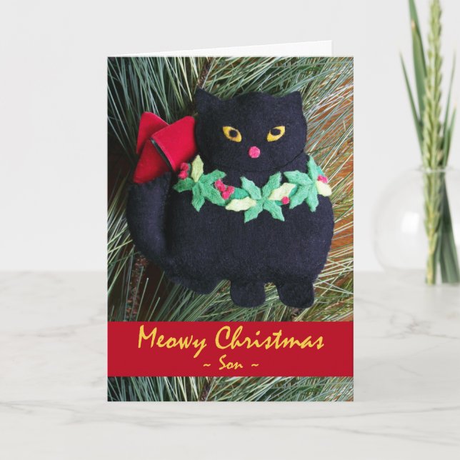 Meowy Christmas for Son Felt Cat Ornament Holiday Card (Front)