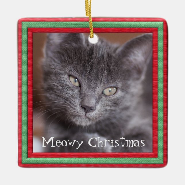 Meowy Christmas Frame Customizable Kitty Ceramic Ornament (Front)