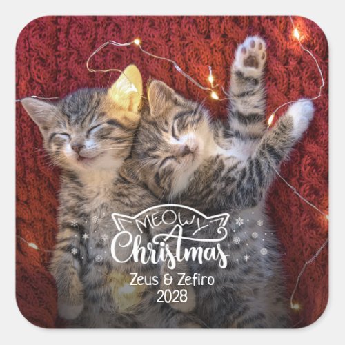 Meowy Christmas fun cat photo pet lover Square Sticker
