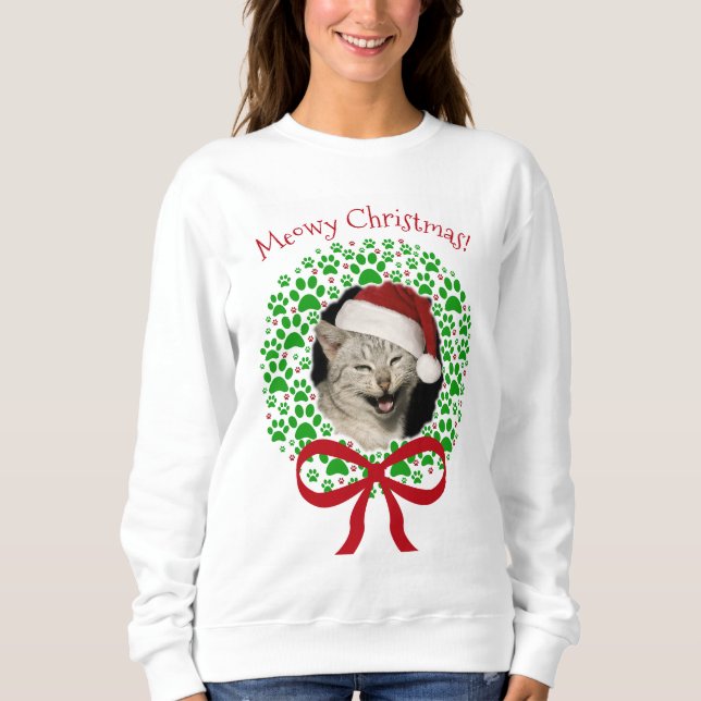 Meowy Christmas Fun Wreath Photo Frame Sweatshirt (Front)