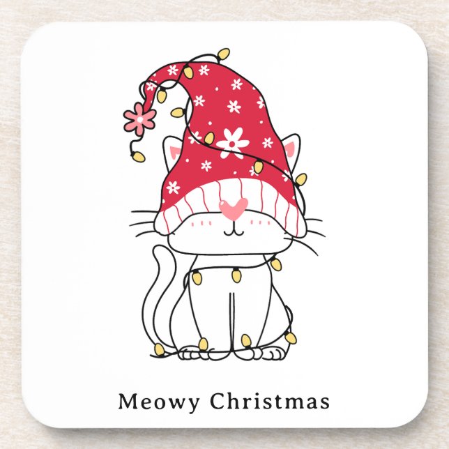 Meowy Christmas Funny Cat  Beverage Coaster (Front)