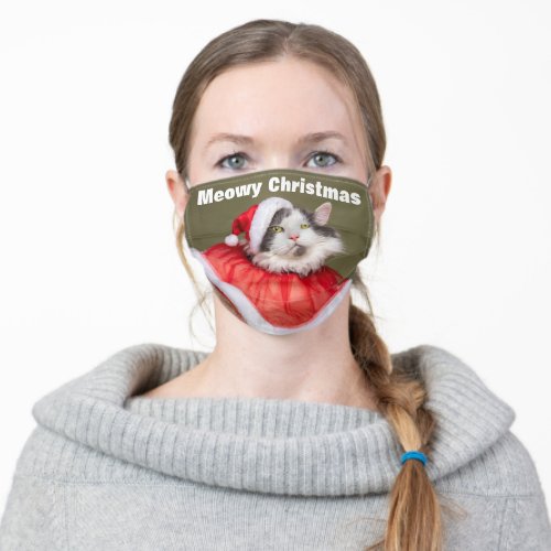 Meowy Christmas Funny Cat in Santa Hat Adult Cloth Face Mask