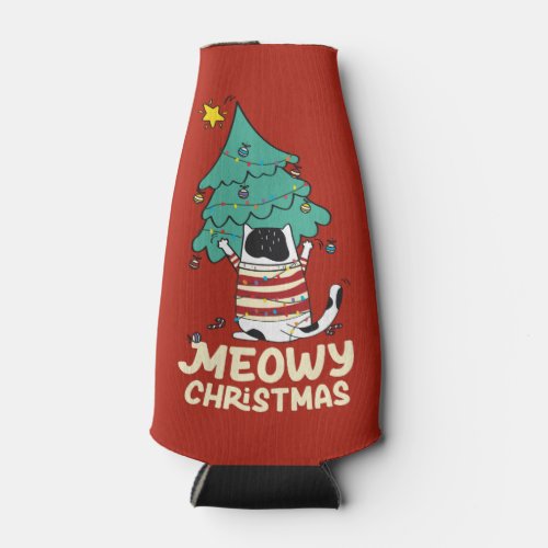 Meowy Christmas Funny Cat Lover  Bottle Cooler