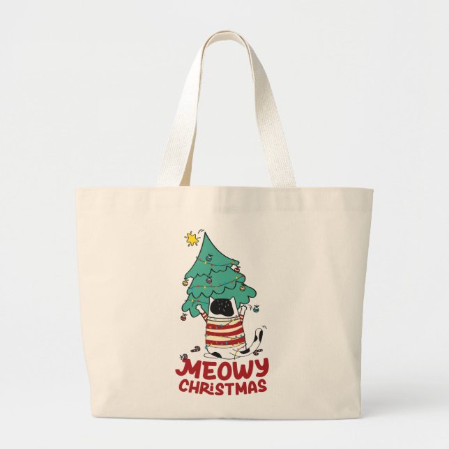 Meowy Christmas Funny Cat Lover  Large Tote Bag (Front)