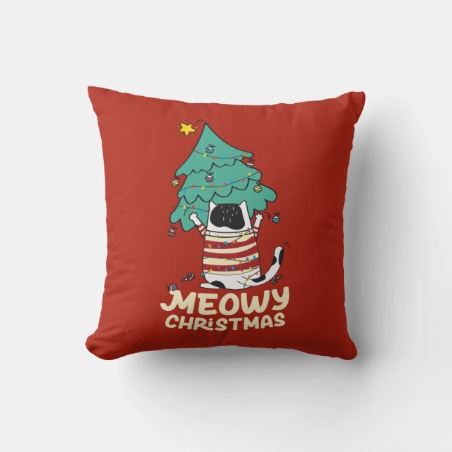 Meowy Christmas Funny Cat Lover  Throw Pillow (Front)