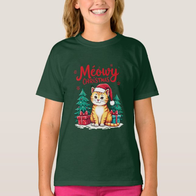 Meowy Christmas Funny Cat T-shirt (Front)