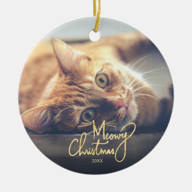 Meowy Christmas Funny Cat Themed Photo Ceramic Ornament (Front)