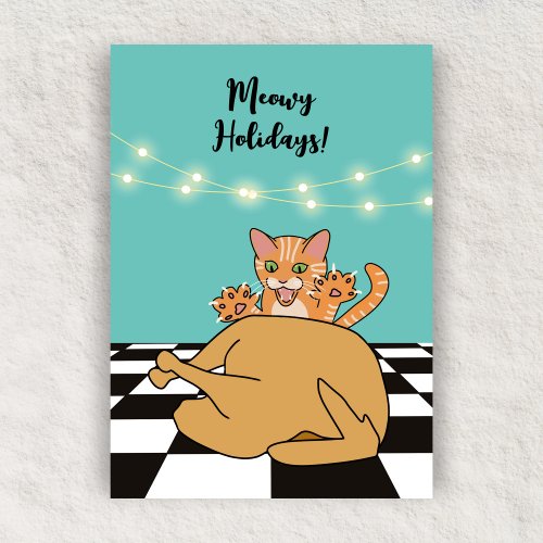 Meowy Christmas Funny Cat Turkey Cartoon  Holiday Card