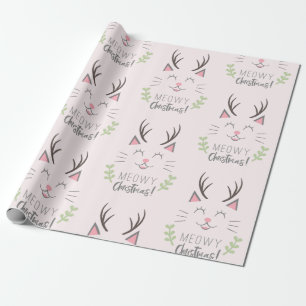 Meowy Christmas Funny Cat with Antlers Pattern Wrapping Paper