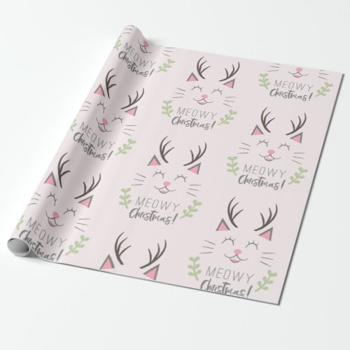 Meowy Christmas  Funny Cat with Antlers Pattern Wrapping Paper