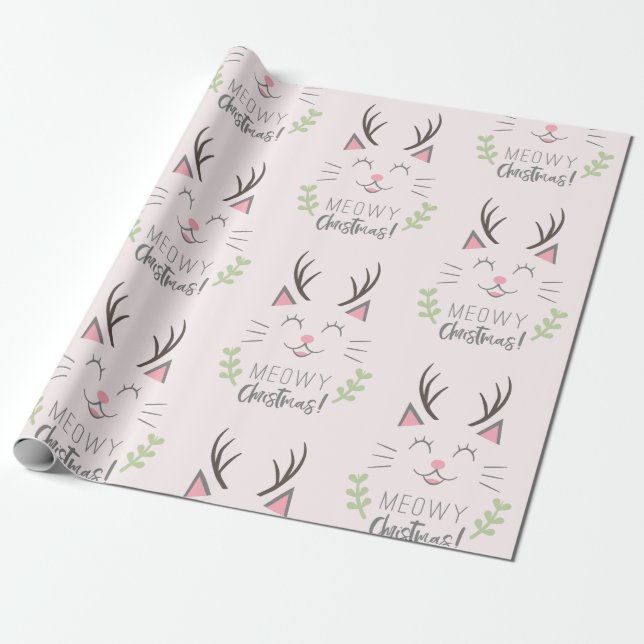 Meowy Christmas | Funny Cat with Antlers Pattern Wrapping Paper (Unrolled)