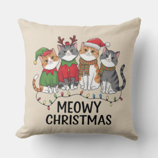 Meowy Christmas Funny Cats - Cute Holiday Throw Pillow