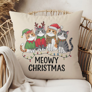 Meowy Christmas Funny Cats - Cute Holiday  Throw Pillow