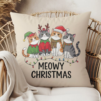 Meowy Christmas Funny Cats - Cute Holiday Throw Pillow