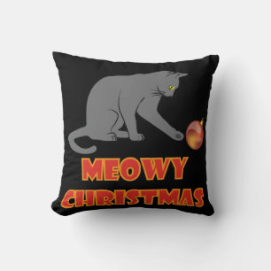 Meowy Christmas Funny Gray Cat Throw Pillow