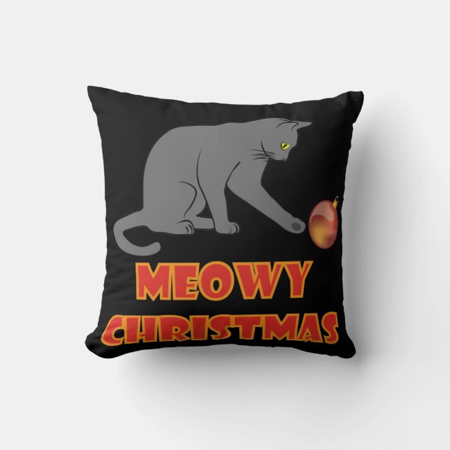 Meowy Christmas Funny Gray Cat Throw Pillow (Front)