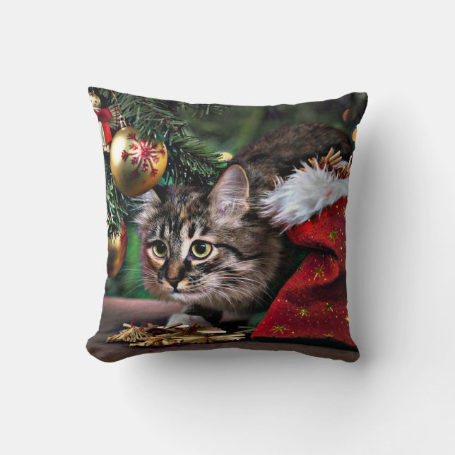 Meowy Christmas Funny Kitty Cat Pillow (Front)