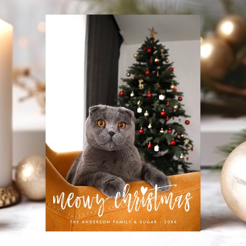 Meowy Christmas Funny Modern Script Pet Cat Photo Holiday Card