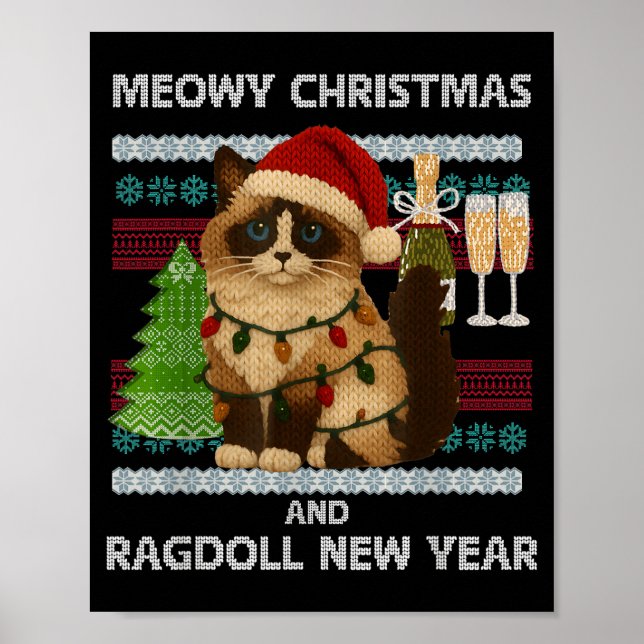 Meowy Christmas Funny Ragdoll Cat Santa Hat Ugly S Poster (Front)