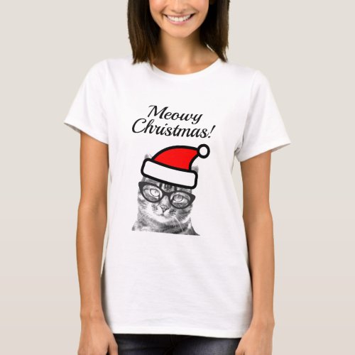 Meowy Christmas funny Santa cat Holiday t shirt