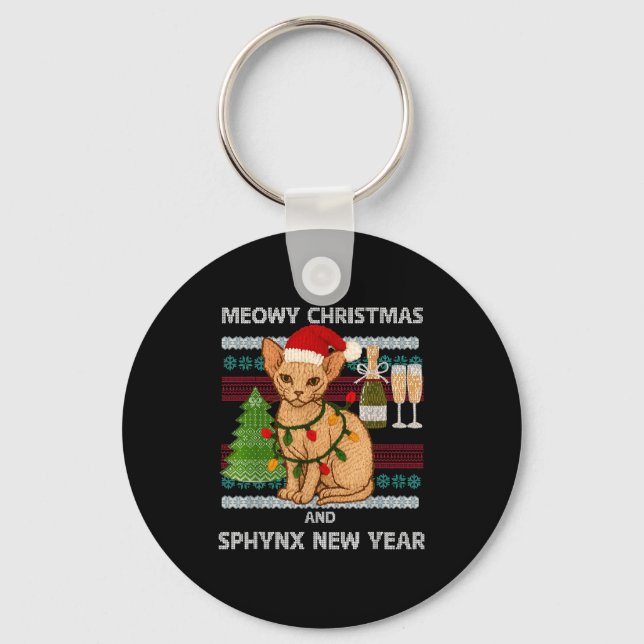 Meowy Christmas Funny Sphynx Cat Santa Hat Ugly Sw Keychain (Front)