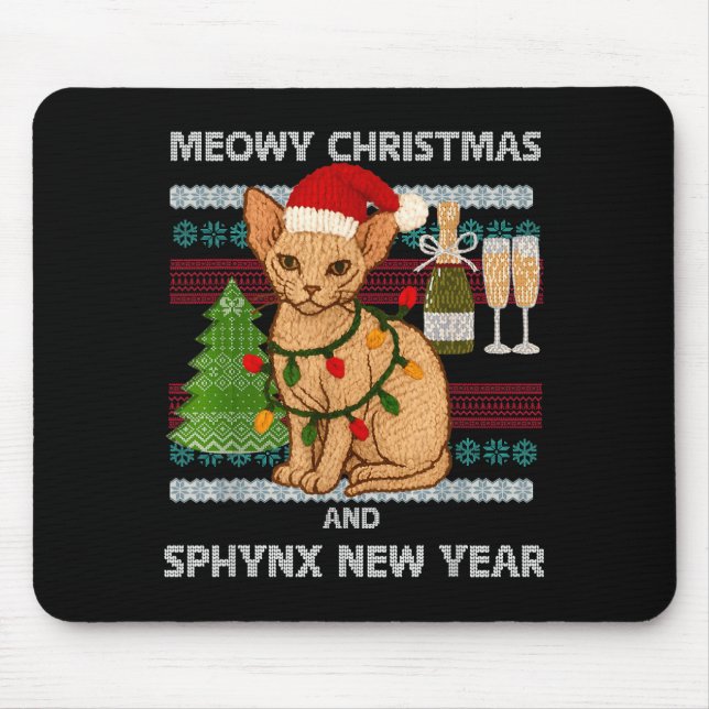 Meowy Christmas Funny Sphynx Cat Santa Hat Ugly Sw Mouse Pad (Front)