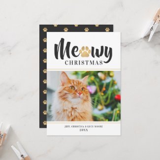 Meowy Christmas Gold Cat Pet Photo Holiday Card