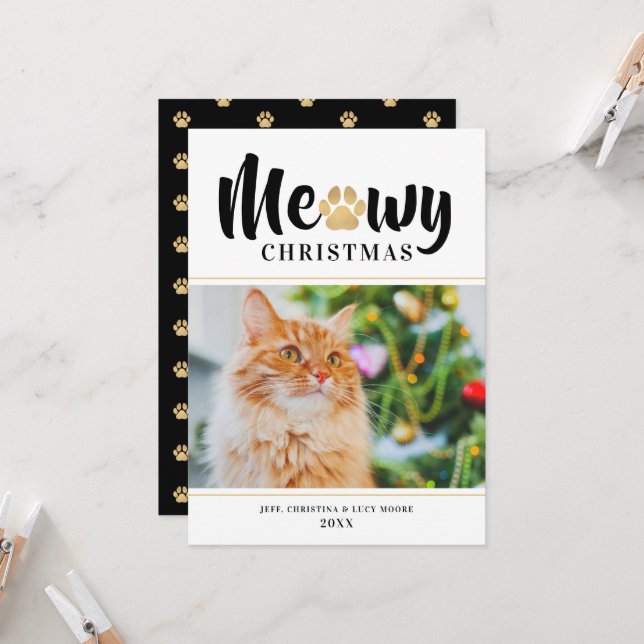 Meowy Christmas Gold Pawprint Cat Photo (Front/Back In Situ)