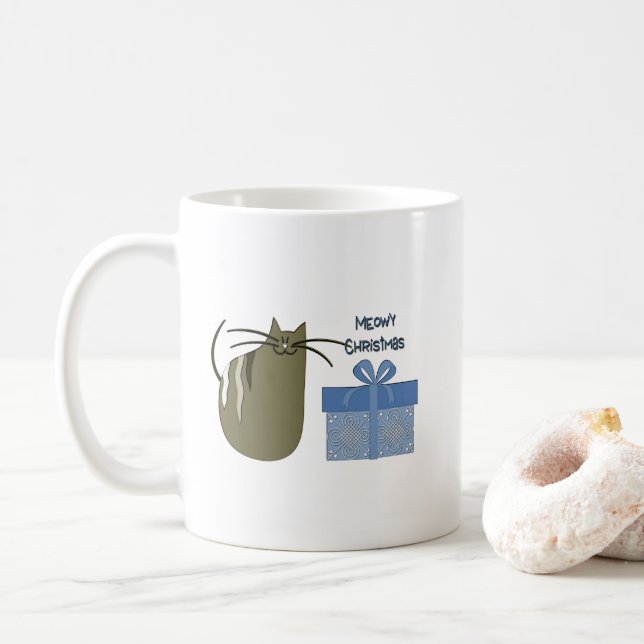 Meowy Christmas Gray Cat with Blue Gift Coffee Mug (With Donut)